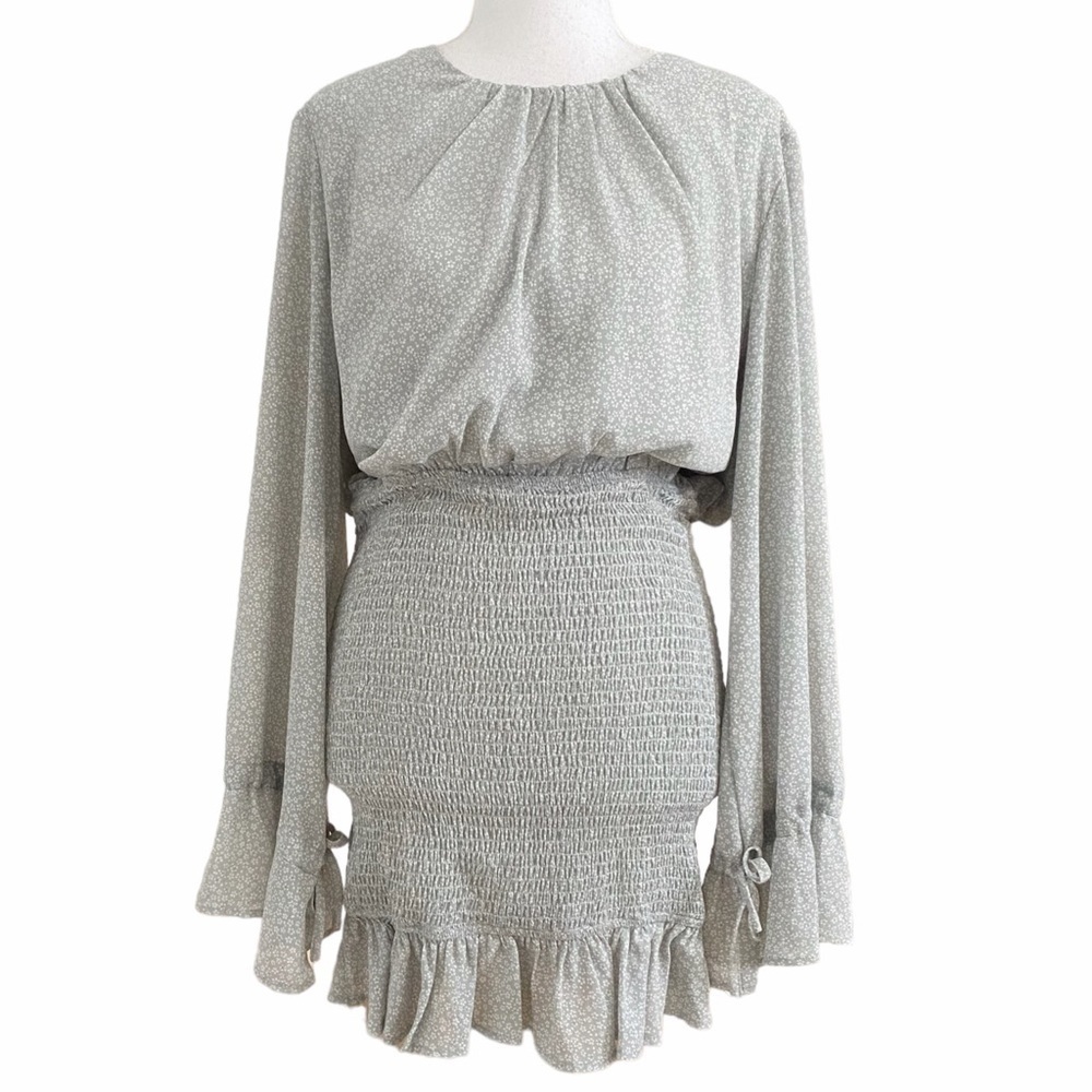 ANTHRO KAYLA'S ARMOIRE BLUE WHITE FLORAL SMOCKED RUFFLE TIE CUFF DRESS - L